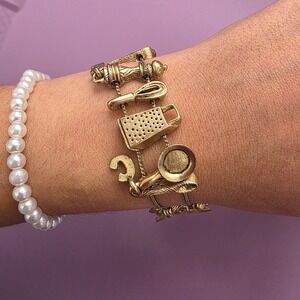 Vintage Gold Tone Kitchen Utensil Charm Bracelet Chef Baking Culinary Theme